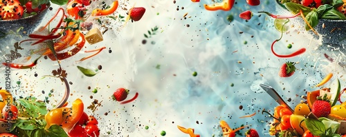 Illustrate a dreamlike scene with a levitating kitchen utensil conducting a symphony of vibrant ingredients in mid-air photo