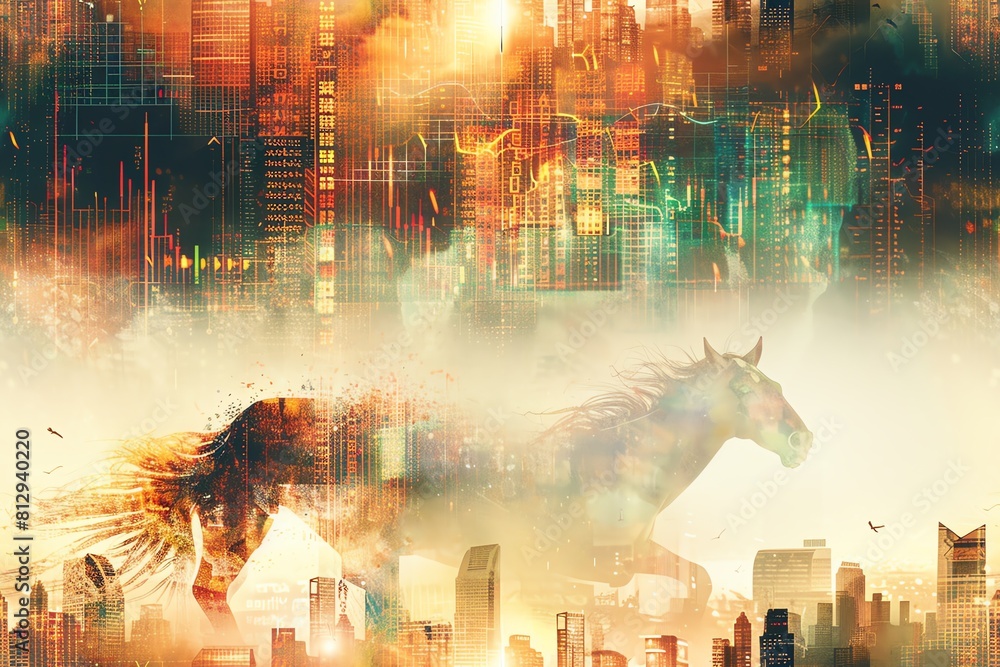 Illustrate a mesmerizing centaur enveloped in layers of financial charts, with an otherworldly vibe achieved through a mix of watercolor and digital painting