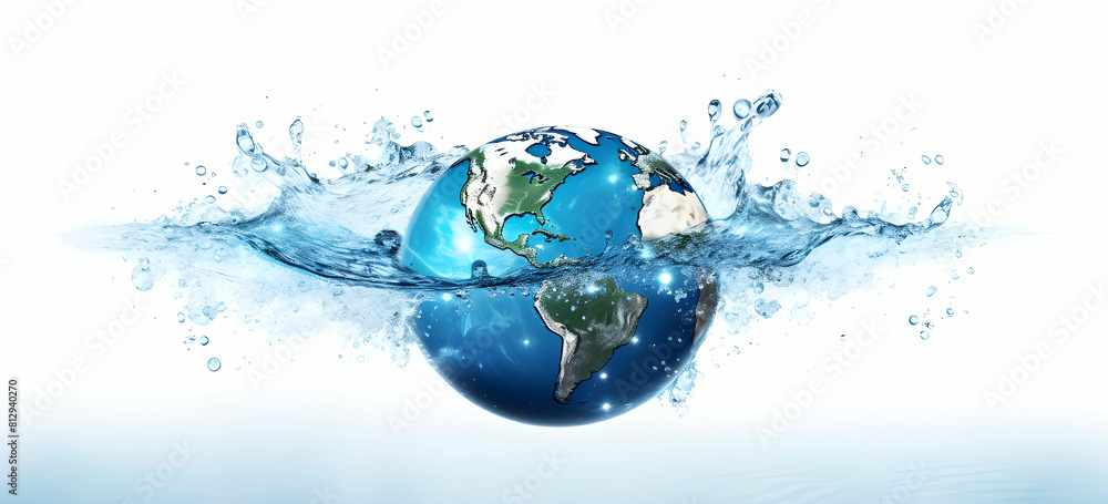 Planet earth splashing in water surface isolated on white back ground Planet earth splashing in water surface isolated on white back ground