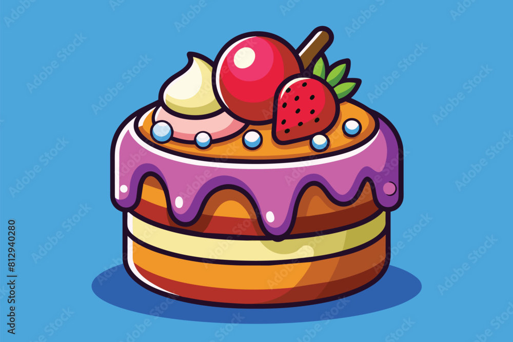 Ice Cream Cake With Strawberries, Ice cream cake Customizable Cartoon Illustration Ice Cream Cake With Strawberries, Ice cream cake Customizable Cartoon Illustration