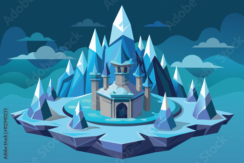 A castle stands on a frozen lake, surrounded by icy waters under a clear sky, Ice castle Customizable Semi Flat Illustration