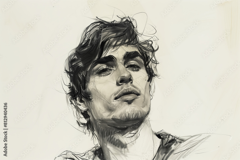 Sketch a portrait of a Caucasian man on white paper.