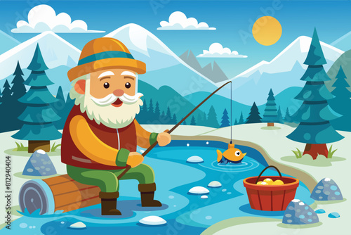 A man sits on a bench fishing in a pond, surrounded by nature, Ice fishing Customizable Cartoon Illustration