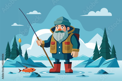 A man holding a fish while standing in the snow, Ice fishing Customizable Disproportionate Illustration
