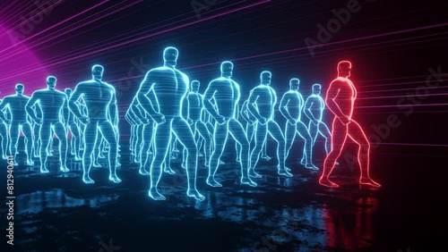Side view on group of digital holographic people walking under a laser show. Retrofuturistic background for retro style projects, banners, posters. 4k footage. Animation 3d. Repeat seamless loop.