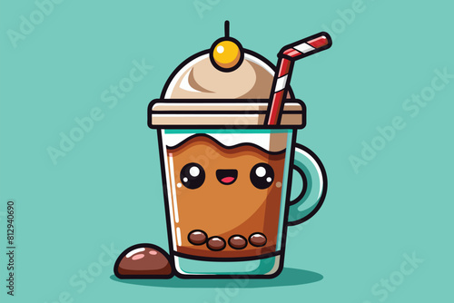 A cup of iced coffee with a straw in it, customizable cartoon illustration, Iced coffee Customizable Cartoon Illustration