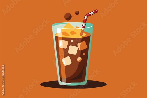 A drink with ice cubes and a straw, ready to be enjoyed, Iced coffee Customizable Disproportionate Illustration