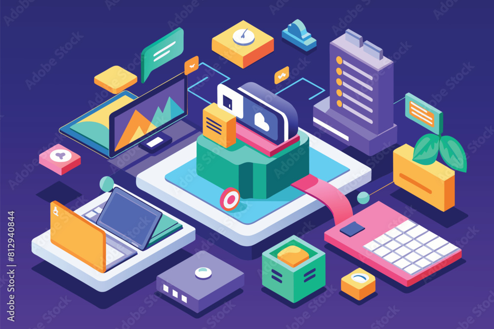 A tablet is surrounded by different electronic gadgets in an isometric illustration, Image upload Customizable Isometric Illustration A tablet is surrounded by different electronic gadgets in an isometric illustration, Image upload Customizable Isometric Illustration