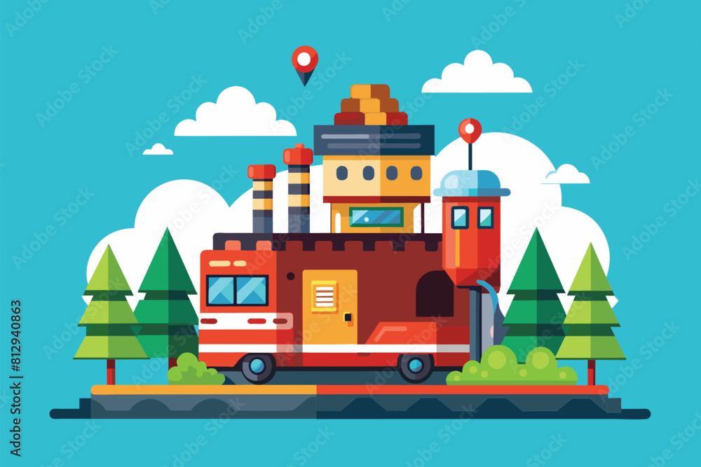 A truck carrying a building on its flatbed, showcasing transportation of large structures, Image upload Customizable Semi Flat Illustration A truck carrying a building on its flatbed, showcasing transportation of large structures, Image upload Customizable Semi Flat Illustration