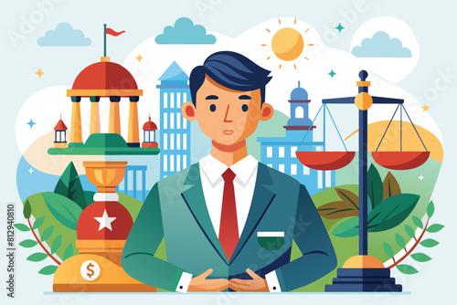 A man in a suit stands proudly in front of a scale of justice, symbolizing legal profession and fairness, Ideological difference Customizable Semi Flat Illustration