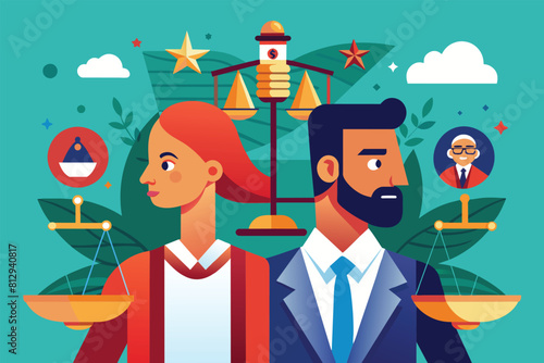 A man and a woman are standing side by side in a customizable semi flat illustration, Ideological difference Customizable Semi Flat Illustration