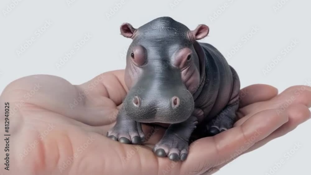 A tiny, Realistic, hippo, sitting on the human palm A tiny, Realistic, hippo, sitting on the human palm