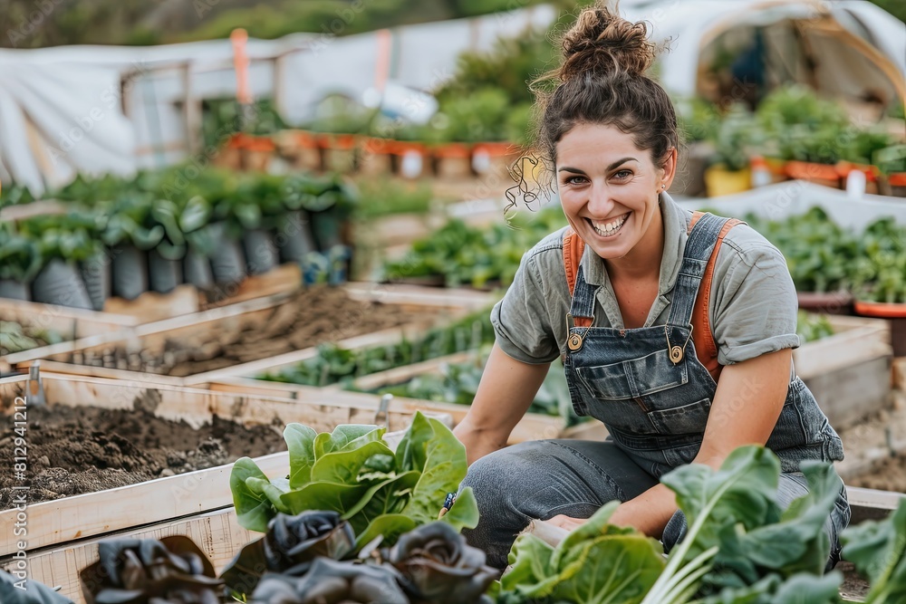 A woman is smiling while sitting in a garden A woman is smiling while sitting in a garden