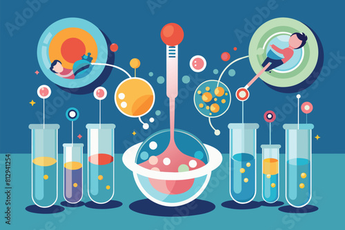 A detailed illustration of a science experiment taking place in a laboratory beaker, In vitro fertilization Customizable Disproportionate Illustration