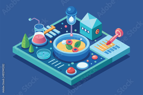 A computer screen displaying a bowl of food, In vitro fertilization Customizable Isometric Illustration
