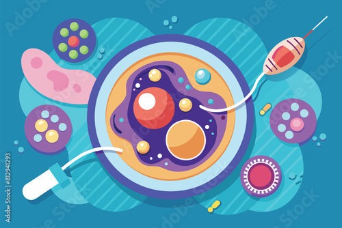 A plate of food sits on a vibrant blue background, In vitro fertilization Customizable Semi Flat Illustration