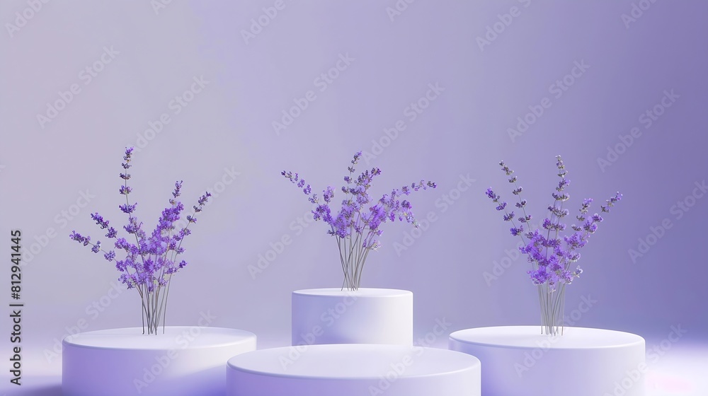 Obraz premium Three white podiums with blooming lavender on purple background Abstract scene with minimalist style for product brand presentation Lavender is a famous and popular flower around the w : Generative AI