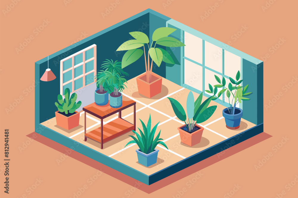 Indoor room with many potted plants placed next to a window, Indoor plants Customizable Isometric Illustration Indoor room with many potted plants placed next to a window, Indoor plants Customizable Isometric Illustration