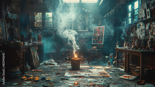 A painter’s studio, the smoke from a snuffed candle mingling with the scent of oil paints. photo