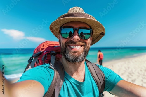 A man wearing a blue shirt and a straw hat is smiling and taking a selfie