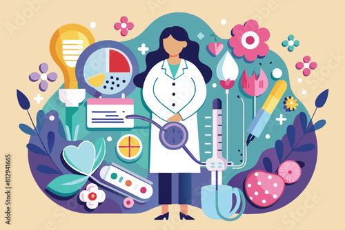 A woman in a white coat is holding a thermometer, Infertility diagnosis Customizable Semi Flat Illustration