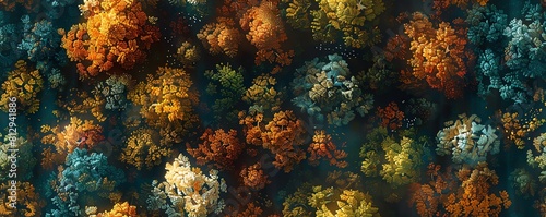 an oil painting featuring a birds-eye view of a mystical forest, where each tree embodies a different psychological concept, bathed in the warm hues of sunset © panyawatt