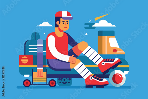 A man is balancing on top of a roller skate in this customizable semi-flat illustration, Injury Customizable Semi Flat Illustration