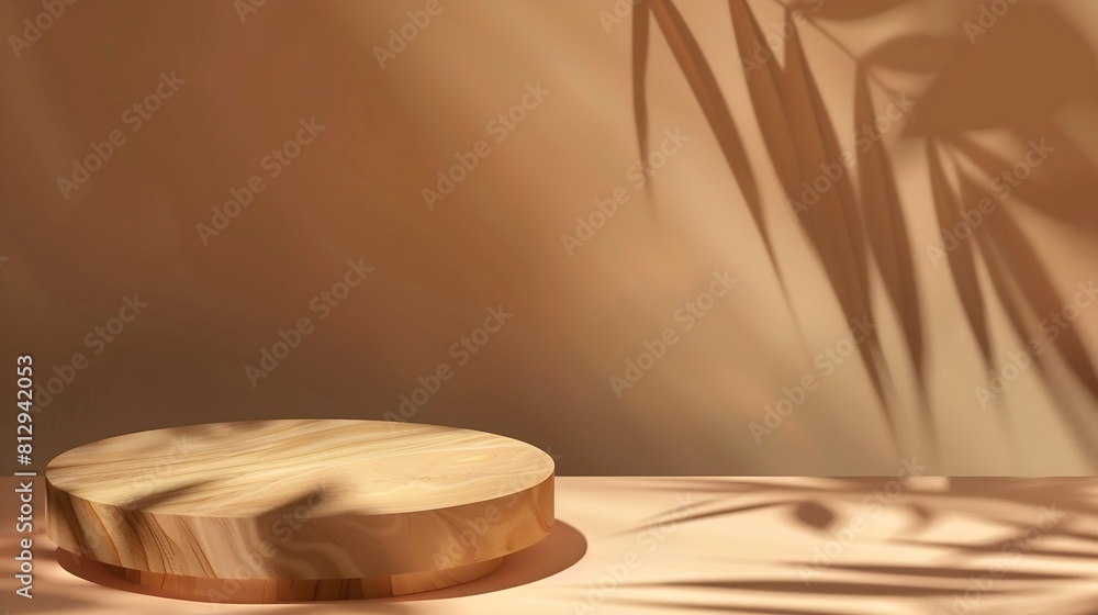 Round cylinder podium with leaves shadows on brown background top view flat lay Aesthetic showcase for product presentation : Generative AI Round cylinder podium with leaves shadows on brown background top view flat lay Aesthetic showcase for product presentation : Generative AI