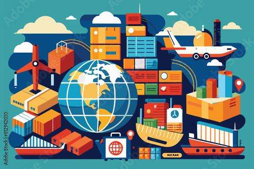 A globe at the center surrounded by diverse goods representing global trade and commerce  International trade Customizable Disproportionate Illustration