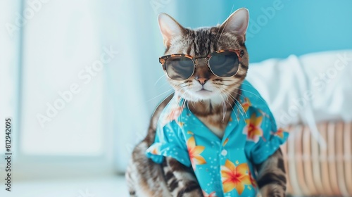 Handsome cat wear sunglasses and blue shirt sit on white floor ready for vacation summer holiday : Generative AI