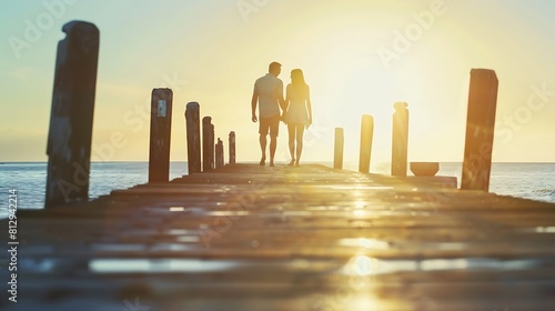 Young couple walking together on pier : Generative AI photo