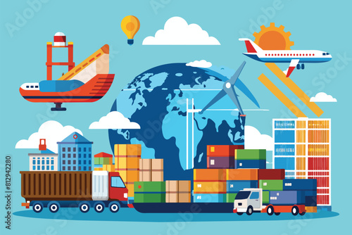 A truck loaded with cargo travels with a plane visible in the background, symbolizing international trade and transportation, International trade Customizable Semi Flat Illustration