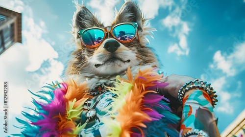 Stylish and Vibrant Anthro Serval in Gradient Sunglasses at a Lively Festival with a Dynamic Low Angle Photography Composition Generative ai © Mina Nida