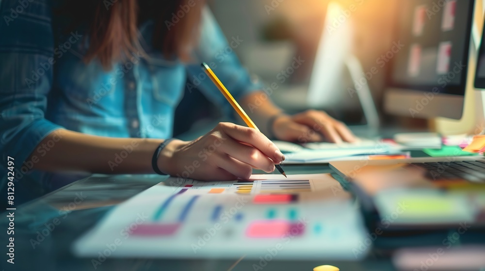 Obraz premium Woman designer create website design wireframe Sketch prototype framework layout future design project UI and UX user interface user experience designer Creative concept for web desig : Generative AI
