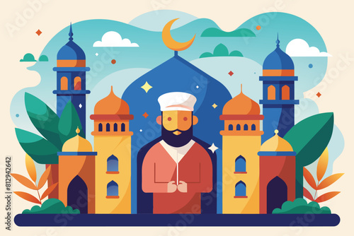 A bearded man in overalls stands in front of a counter in a room, Tiler Customizable Semi Flat Illustration
