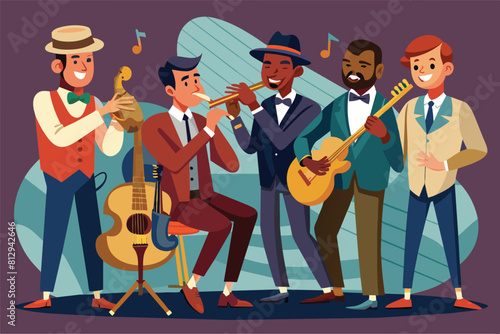 A group of men playing various instruments and singing together in this jazz band illustration, Jazz band Customizable Cartoon Illustration