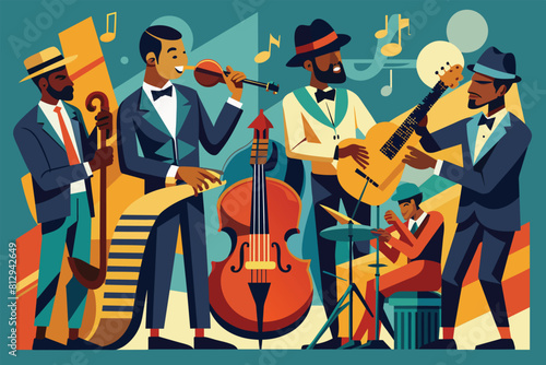A group of men playing a variety of musical instruments and singing together in a lively performance, Jazz band Customizable Disproportionate Illustration