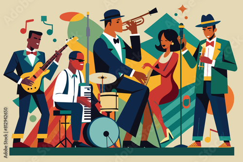 A diverse group of people passionately playing a variety of musical instruments, creating lively jazz music together, Jazz band Customizable Disproportionate Illustration