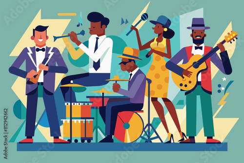 A diverse group of individuals playing various instruments and singing together as a jazz band, Jazz band Customizable Flat Illustration