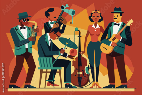 Diverse group of individuals standing around a jazz instrument, engaging in a musical activity, Jazz band Customizable Semi Flat Illustration