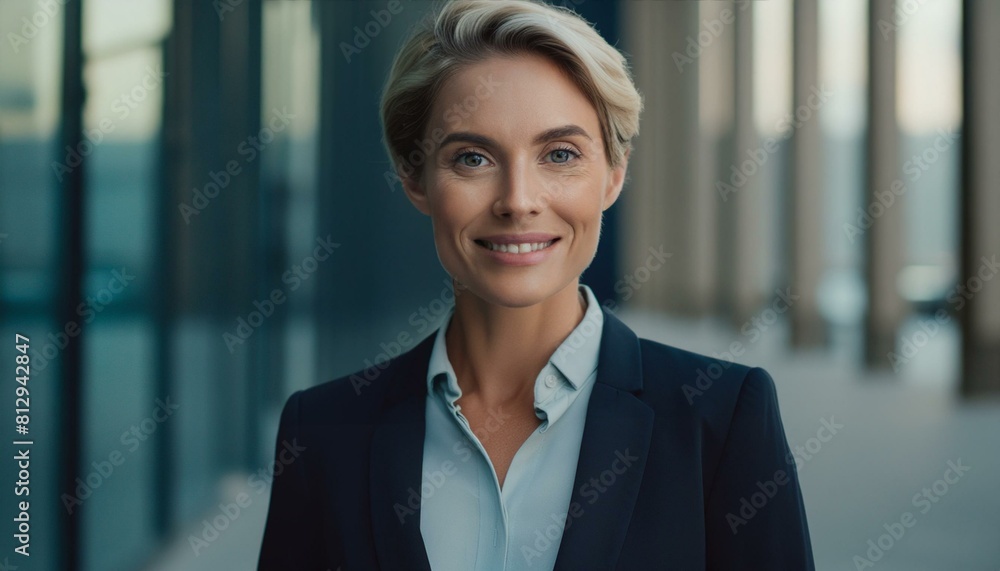 Happy business woman standing outside a office Happy business woman standing outside a office