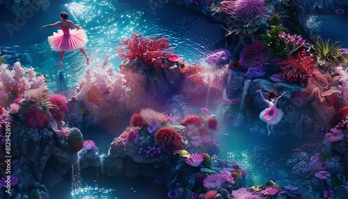 Capture the elegance of an aerial view robotic ballerina in a futuristic underwater world shimmering with bioluminescent coral and swirling aquatic plants using vivid CG 3D renderi photo