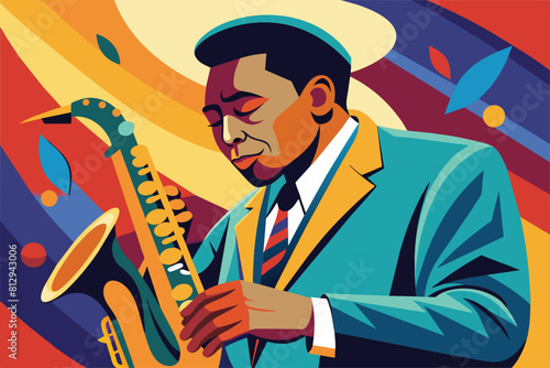 A detailed painting of a man skillfully playing a saxophone, capturing the essence of jazz music, Jazz saxophonist Customizable Flat Illustration