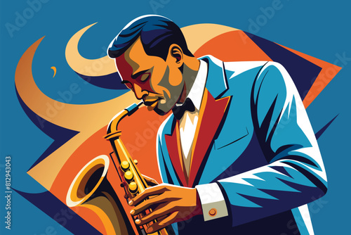A painting depicting a man passionately playing a saxophone, Jazz saxophonist Customizable Semi Flat Illustration
