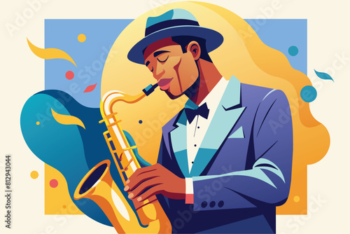 A man in a classy suit skillfully playing a saxophone, showcasing his musical talent and sophistication, Jazz saxophonist Customizable Semi Flat Illustration