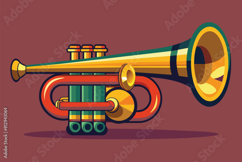 Customizable cartoon illustration of a jazz trumpet set against a vibrant red background, Jazz trumpet Customizable Cartoon Illustration