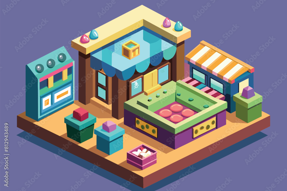 Flat design of a store filled with various furniture pieces, showcasing a modern and organized layout, Jewelry shop Customizable Isometric Illustration Flat design of a store filled with various furniture pieces, showcasing a modern and organized layout, Jewelry shop Customizable Isometric Illustration