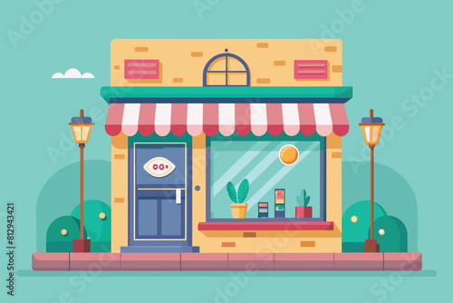 A storefront displaying a door and a window of a jewelry shop, Jewelry shop Customizable Flat Illustration