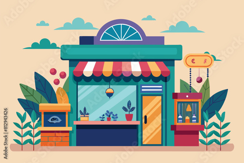Illustration of a storefront of a jewelry store with a vibrant and colorful awning, Jewelry shop Customizable Flat Illustration