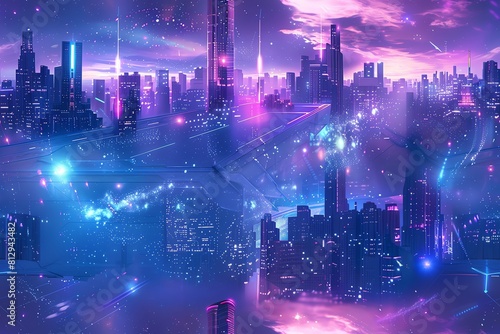 Craft a futuristic city skyline under a starlit sky with a dynamic play of geometric shapes and neon hues